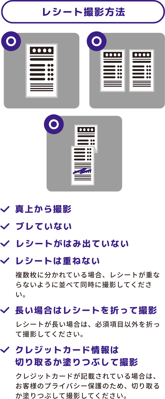 ✔真上から撮影✔ブレていない✔レシートがはみ出ていない✔レシートは重ねない✔長い場合はレシートを追って撮影✔クレジットカード情報は切り取るか塗りつぶして撮影